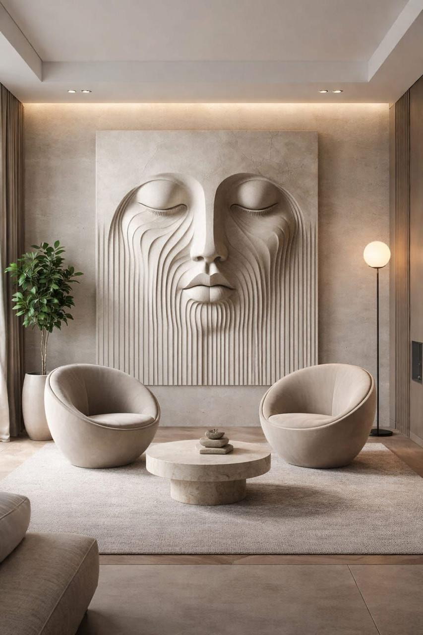 Sculptural textured wall art piece in a neutral living room